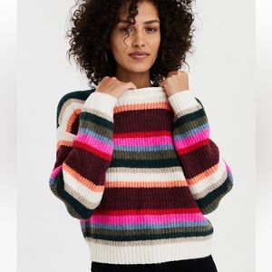 American Eagle AE Cozy Crew Neck Sweater Ribbed Knit Multicolor Stripe Medium